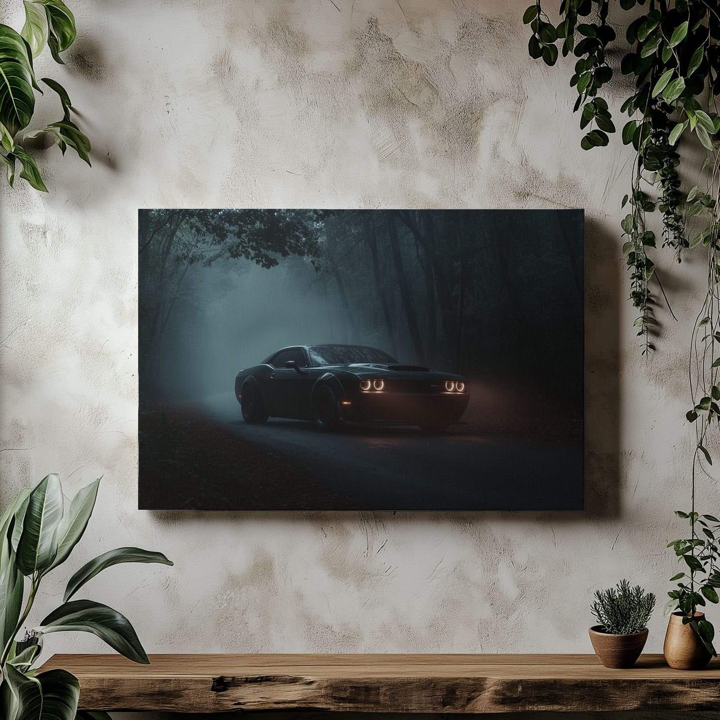 Dodge Challenger Foggy Forest